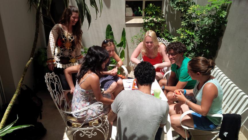 Verbum students learning and spending time together in the school patio